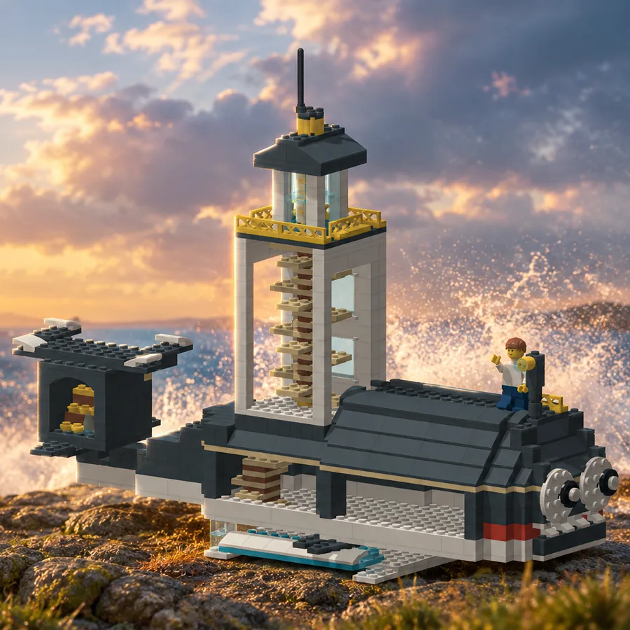 The finished whale lighthouse set on a rocky shore at sunset